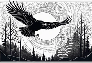 Raven swooping, occult, mystical, knowing, light behind its eyes, ethereal, night sky and trees in the background tattoo idea