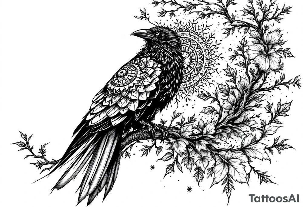 left arm tattoo of a raven mandala on a branch with clock face tattoo idea