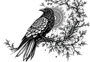 left arm tattoo of a raven mandala on a branch with clock face tattoo idea