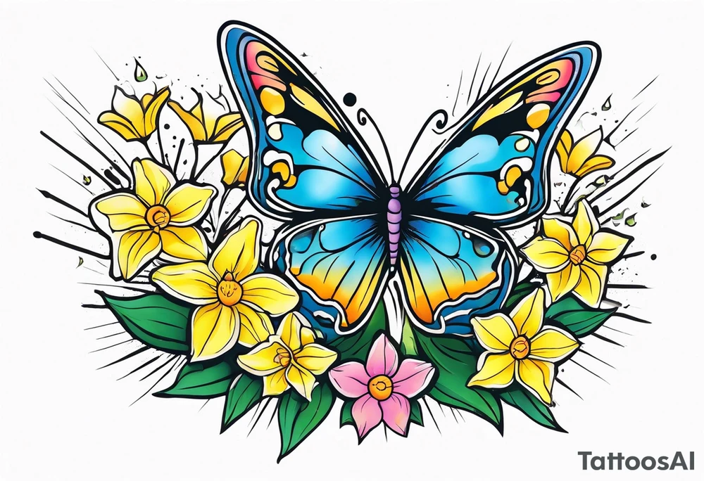 Butterfly, star and daffodils and morning glory tattoo idea