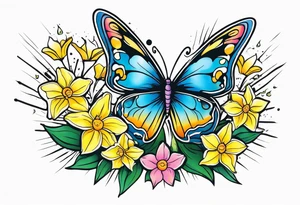 Butterfly, star and daffodils and morning glory tattoo idea