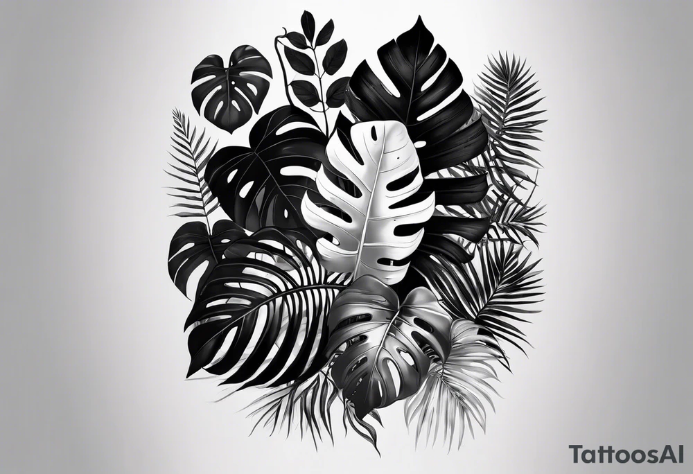 I want a monochrome tattoo in black gradients featuring a snake subtly hidden among the leaves of Raphidophora and Monstera. The snake should be coiled and partially visible, blending harmoniously with the detailed, large leaves of the plants. The Monstera leaves should have natural holes, while the Raphidophora leaves should be long and pointed. The overall style of the tattoo should be realistic, with shading and black gradients to create an elegant and mysterious effect."out thé tatoo on a black arm tattoo idea