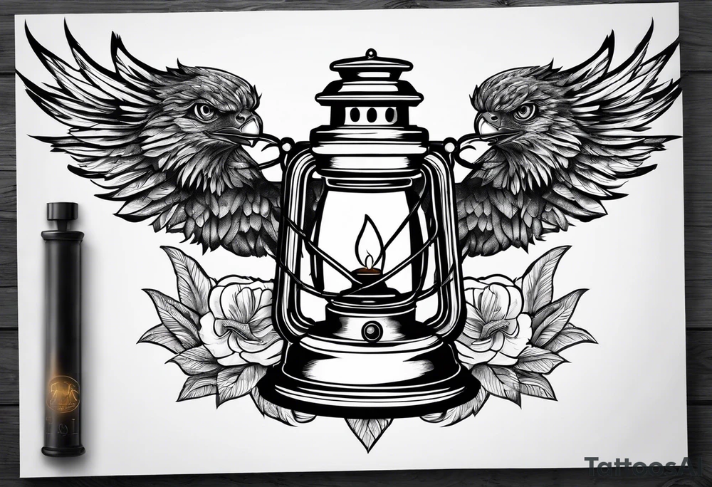 Oil lamp with an eagle next to it tattoo idea
