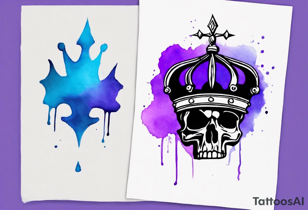 A tattoo of a minimalistic black crown and some negative space on a water color background of purple and blue. tattoo idea