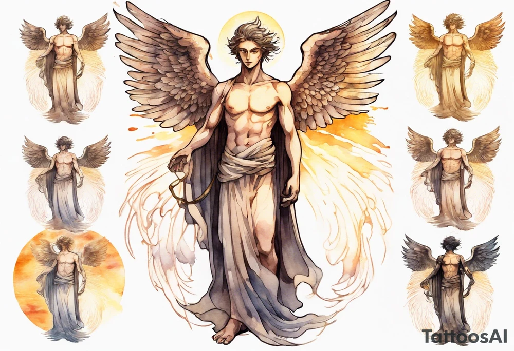 a solitary bronze skinned male angel with glowing eyes standing upon the sun tattoo idea