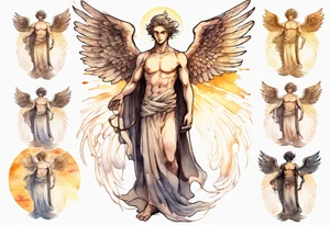 a solitary bronze skinned male angel with glowing eyes standing upon the sun tattoo idea