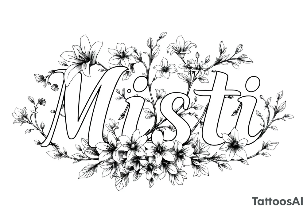 The word Misti surrounded by flowers, lilies. Vine in the letters. tattoo idea