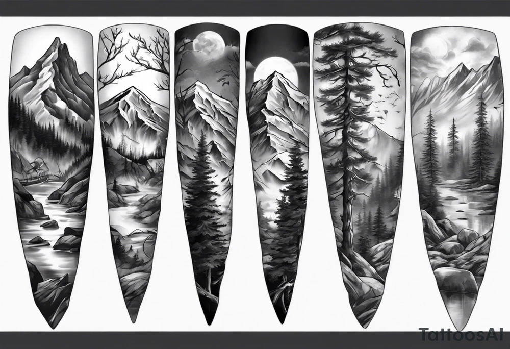 men’s arm sleeve mountains branches tattoo idea