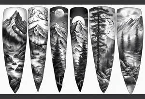 men’s arm sleeve mountains branches tattoo idea