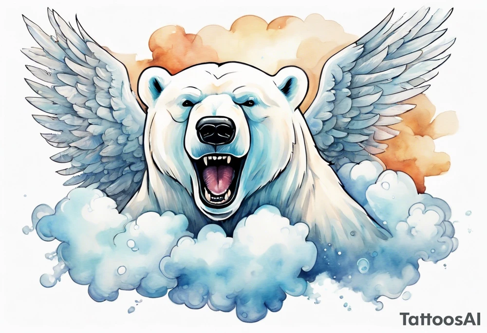 a polar bear with wings surrounded by clouds in the sky, laughing tattoo idea
