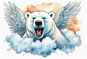 a polar bear with wings surrounded by clouds in the sky, laughing tattoo idea