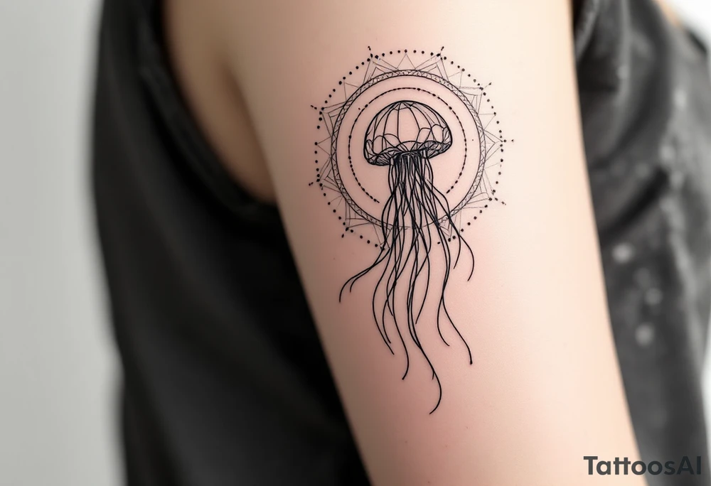minimal fine-line tattoo, single jellyfish, sacred geometry surround, dotwork patterns, jellyfish bell dome, flowing tentacles, trailing streamers, geometric mandala, radiating dotwork, minimalist design, black grey lines, soft shading, no outlines, geometric frame, organic jellyfish form, upper arm shoulder placement, light airy feel, delicate linework, geometric backdrop, clean lines, radiating patterns, simple jellyfish centerpiece, minimalist tattoo idea