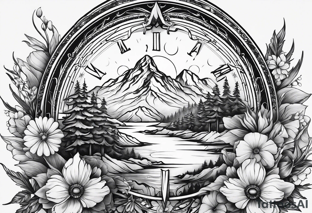 Compass mountains flowers tattoo idea