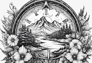 Compass mountains flowers tattoo idea