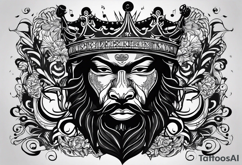A black king surrounded by music tattoo idea