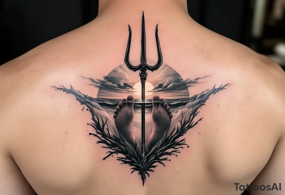 barefeet behind trident half way under water and sunset tattoo idea