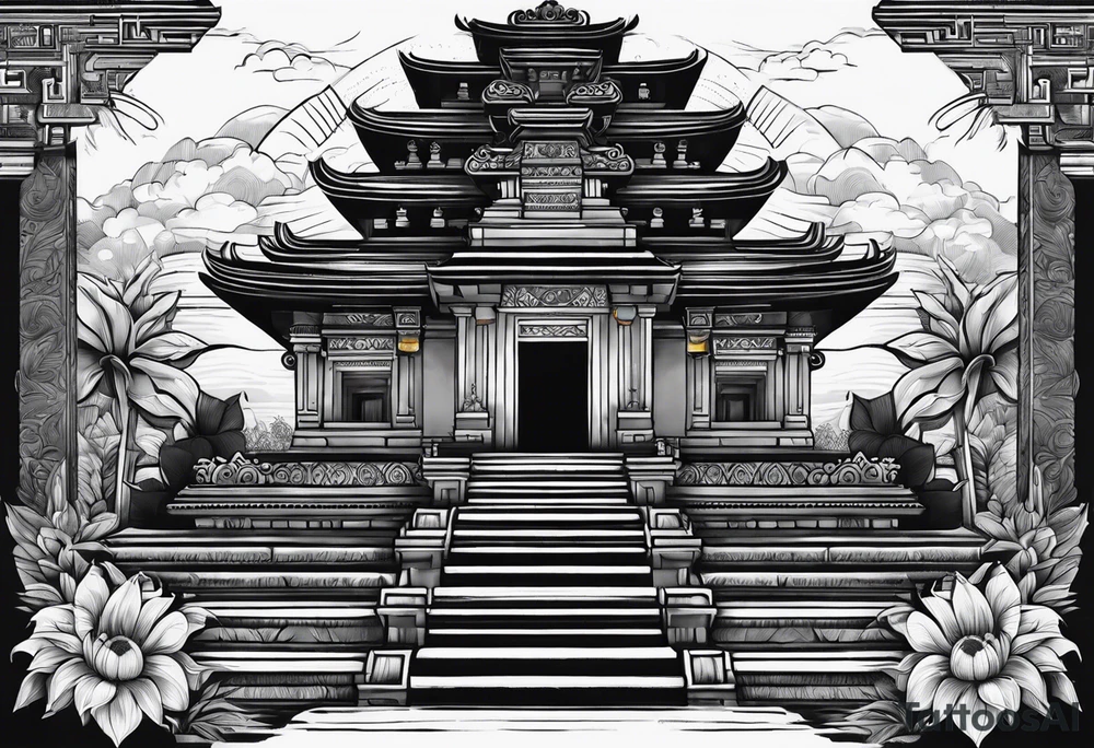 Bali temples black and grey with sunflower tattoo idea