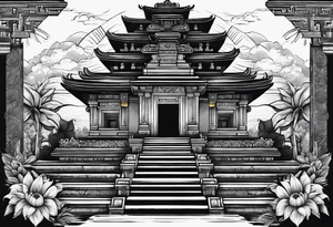 Bali temples black and grey with sunflower tattoo idea