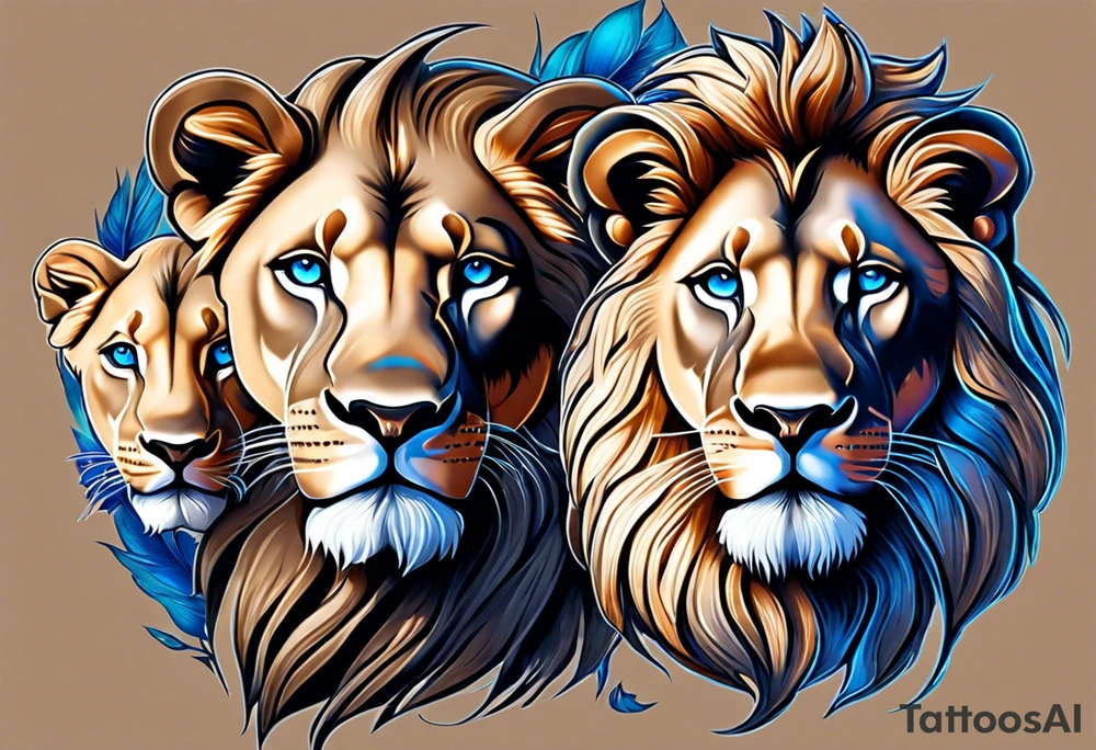 Male father lion with blue eyes. Two male cub lions one with blue eyes and the other brown. Father lion protecting cub lions. tattoo idea