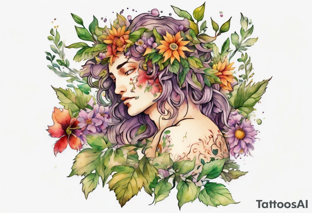 Dionysus covered in flowers and leaves tattoo idea