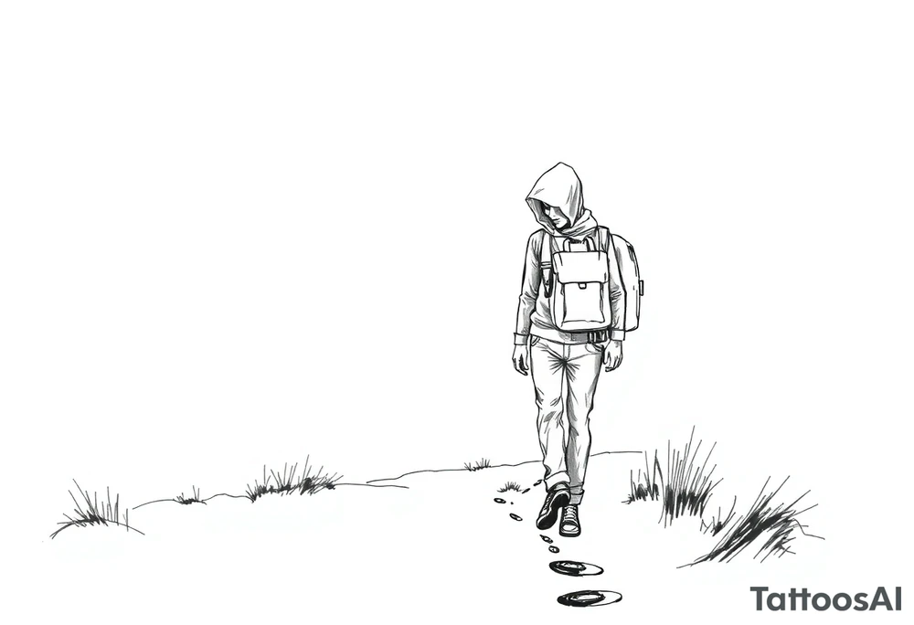 Everything everywhere all at once :Confusion and pressure in thin lines solo traveler with no face with his body parts left on the path behind him he’s walking carefully tattoo idea