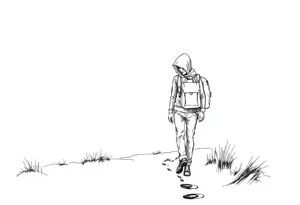 Everything everywhere all at once :Confusion and pressure in thin lines solo traveler with no face with his body parts left on the path behind him he’s walking carefully tattoo idea