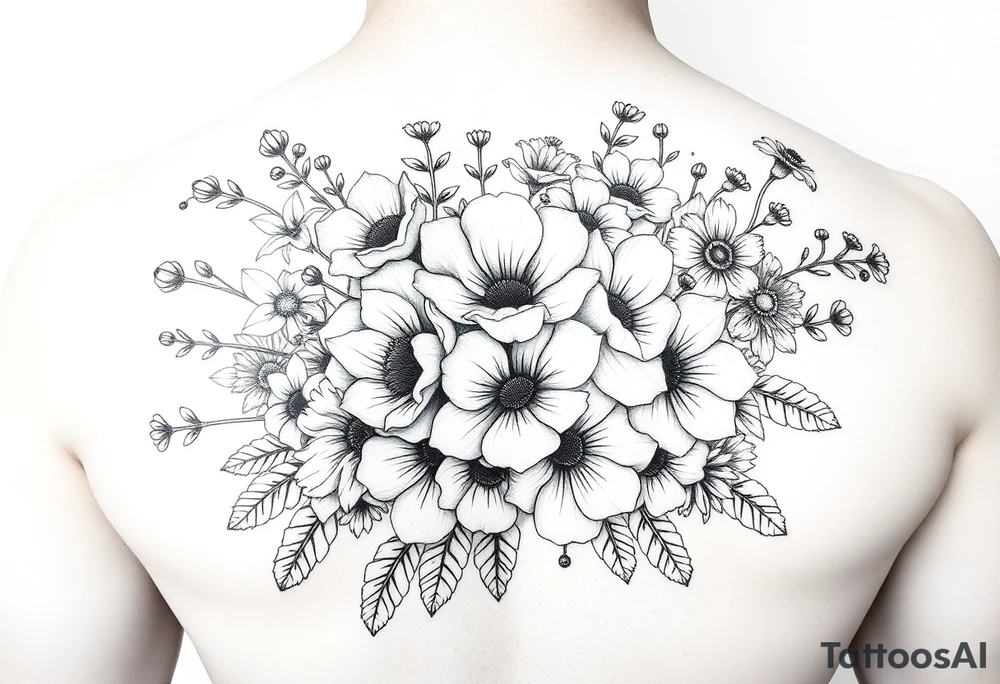 Bouquet of roses, snowdrops, marigolds, asters and gladioli tattoo idea