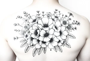 Bouquet of roses, snowdrops, marigolds, asters and gladioli tattoo idea