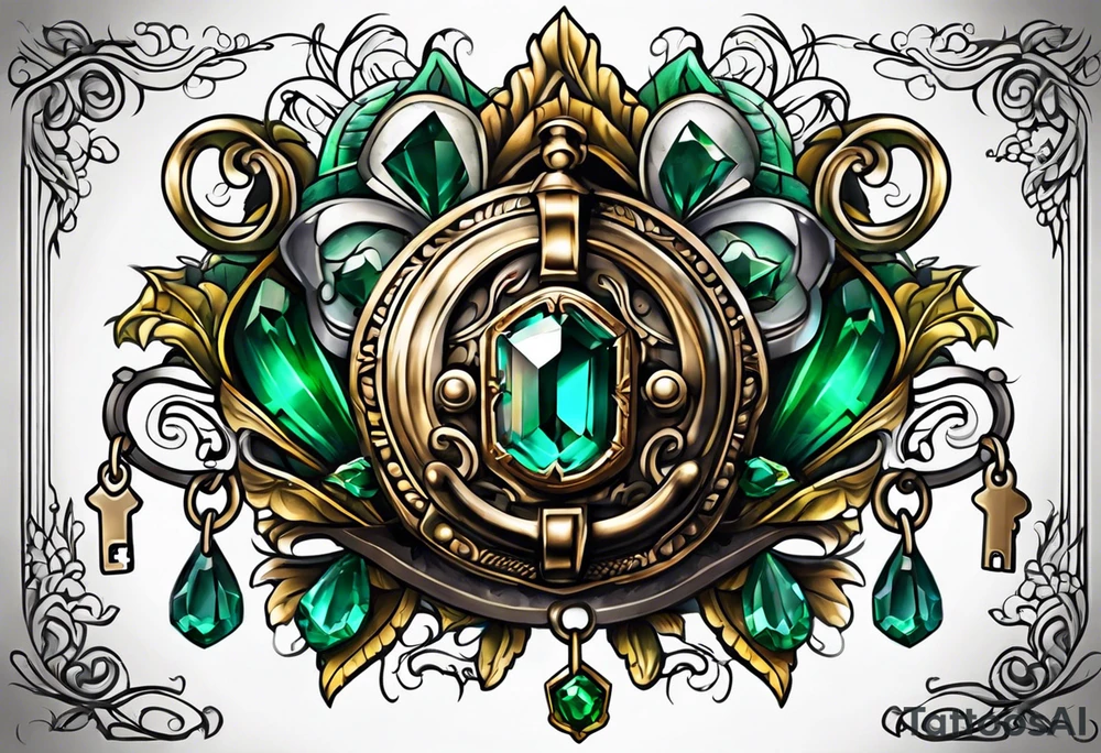 Lock and key with emerald stone tattoo idea