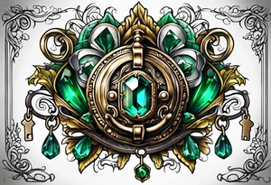 Lock and key with emerald stone tattoo idea