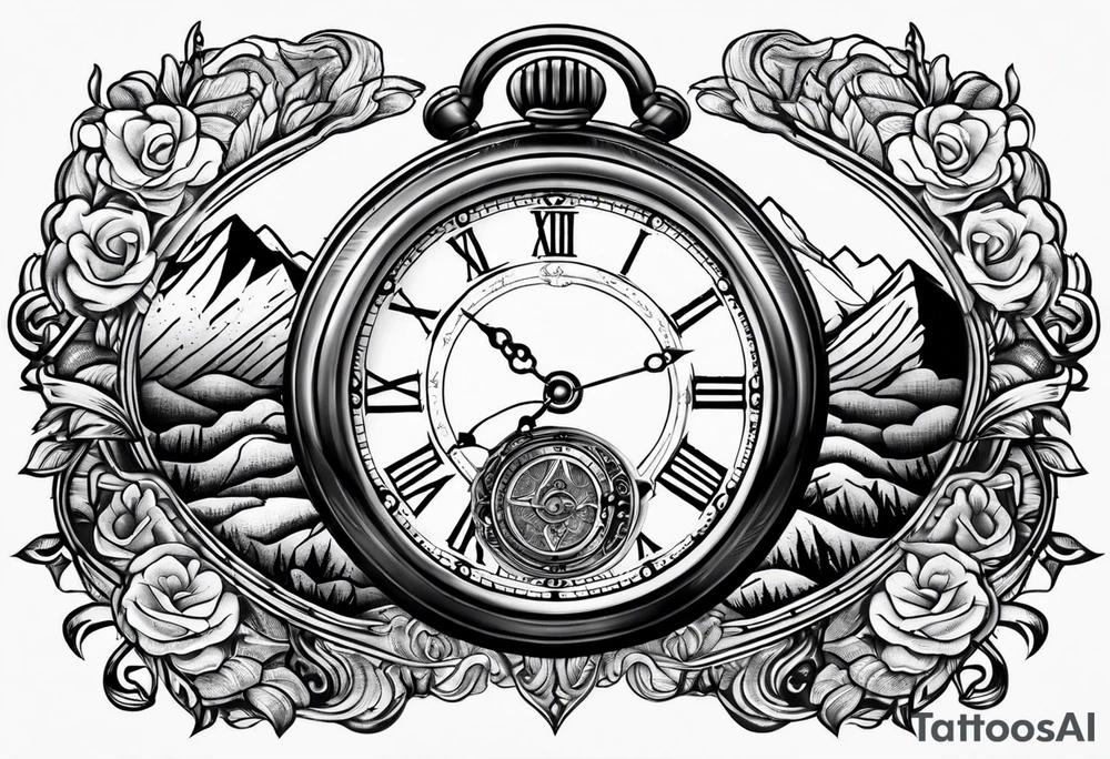 Pocket watch with mountains tattoo idea