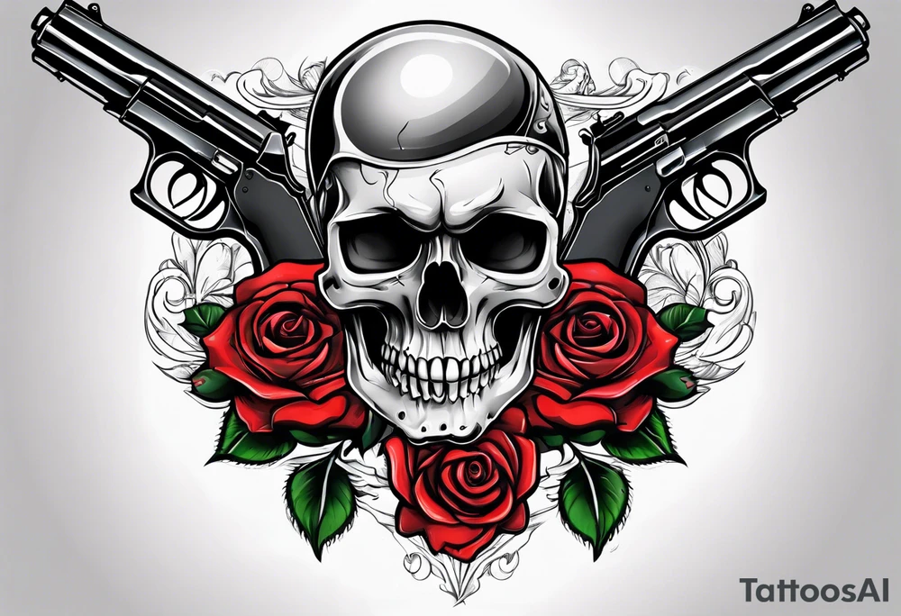 skull with a gun a  rose and a heart tattoo idea