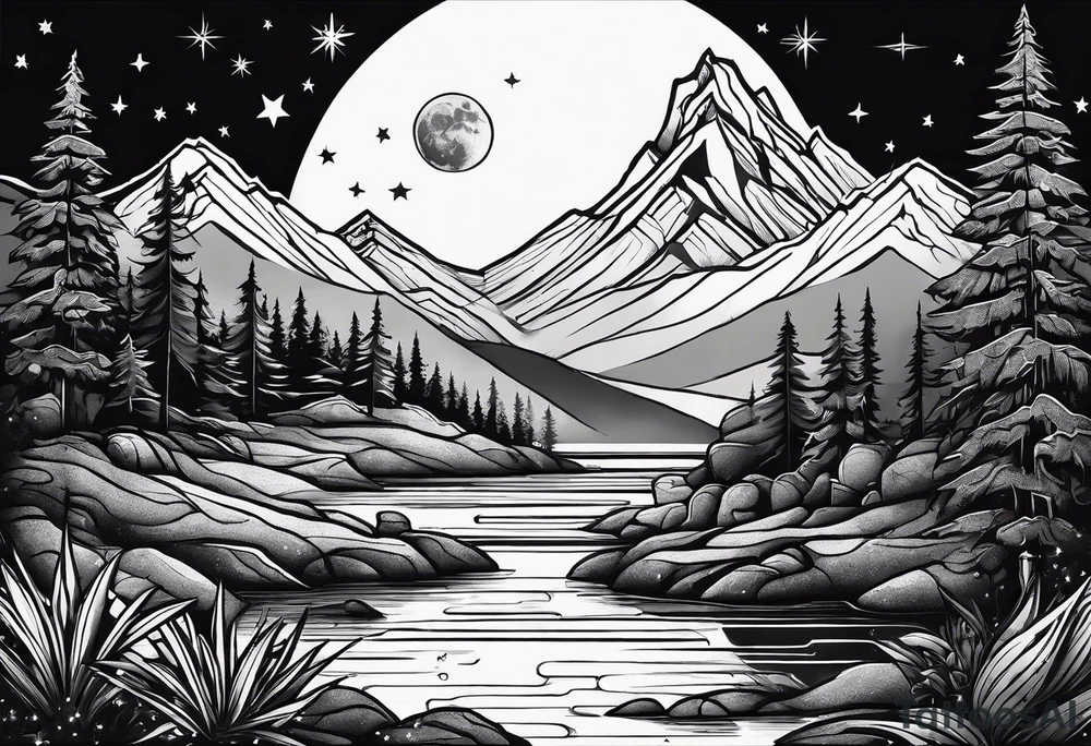 nature with mountains, waterfall, water, and a father and son in the background and and moon/sun in the sky with stars tattoo idea