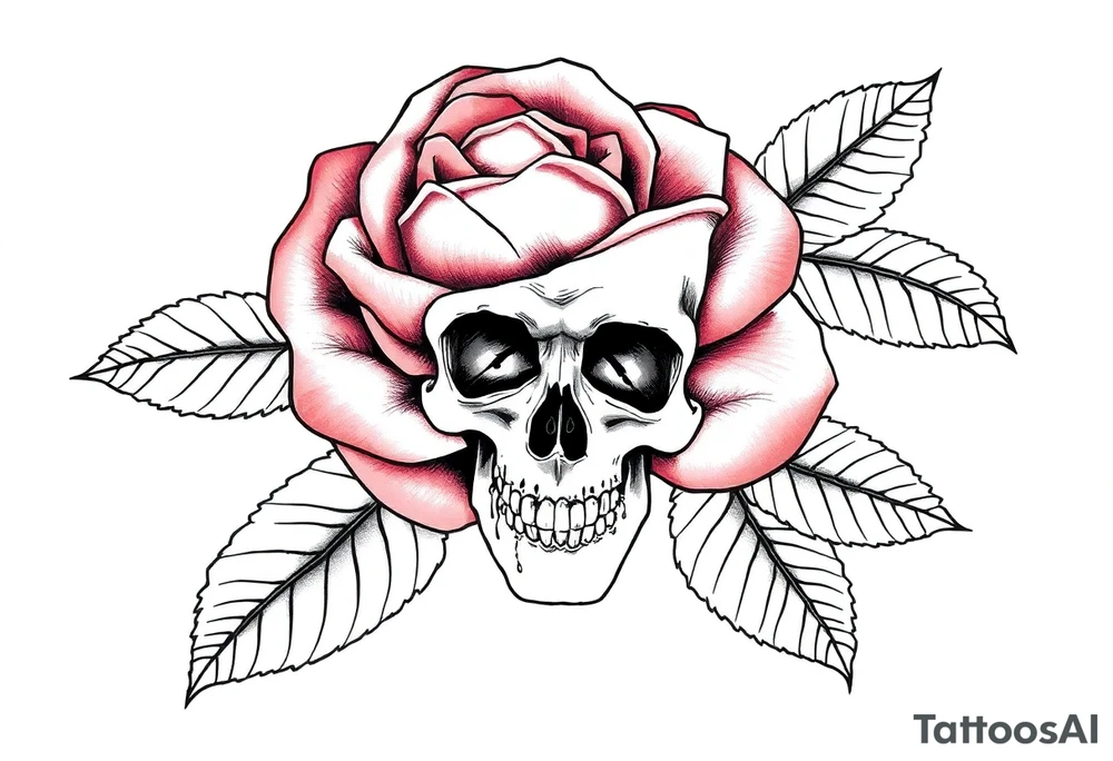 rose with parts of a skull in the leaves tattoo idea