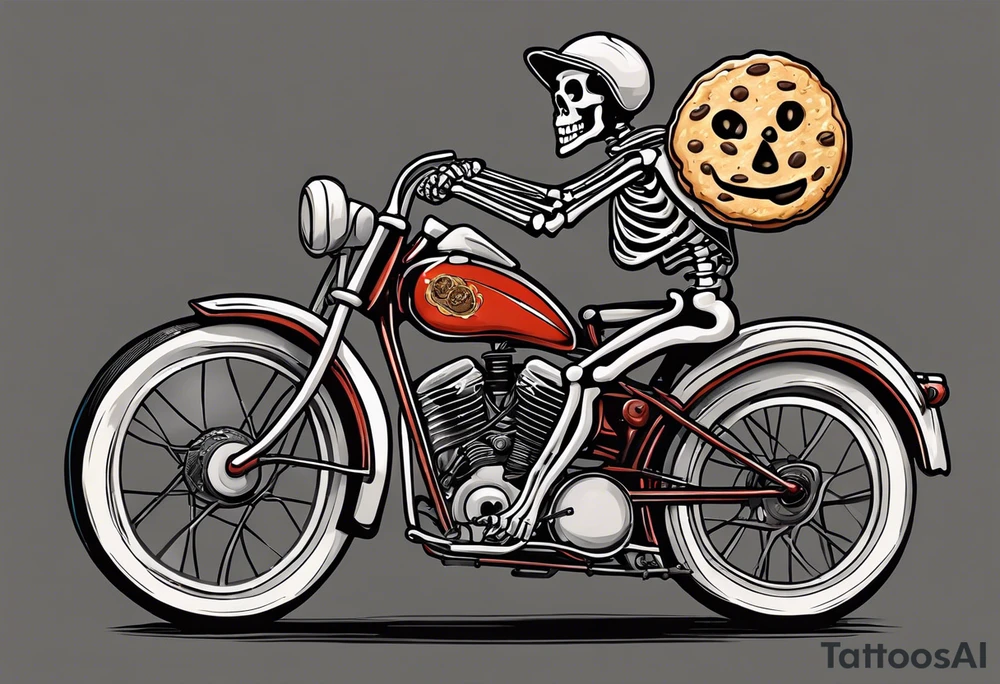 Lifelike skeleton wearing bicycle uniform while riding a road bike. The skeleton is grinning and holding a cookie in its left hand tattoo idea