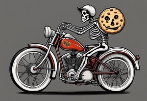 Lifelike skeleton wearing bicycle uniform while riding a road bike. The skeleton is grinning and holding a cookie in its left hand tattoo idea