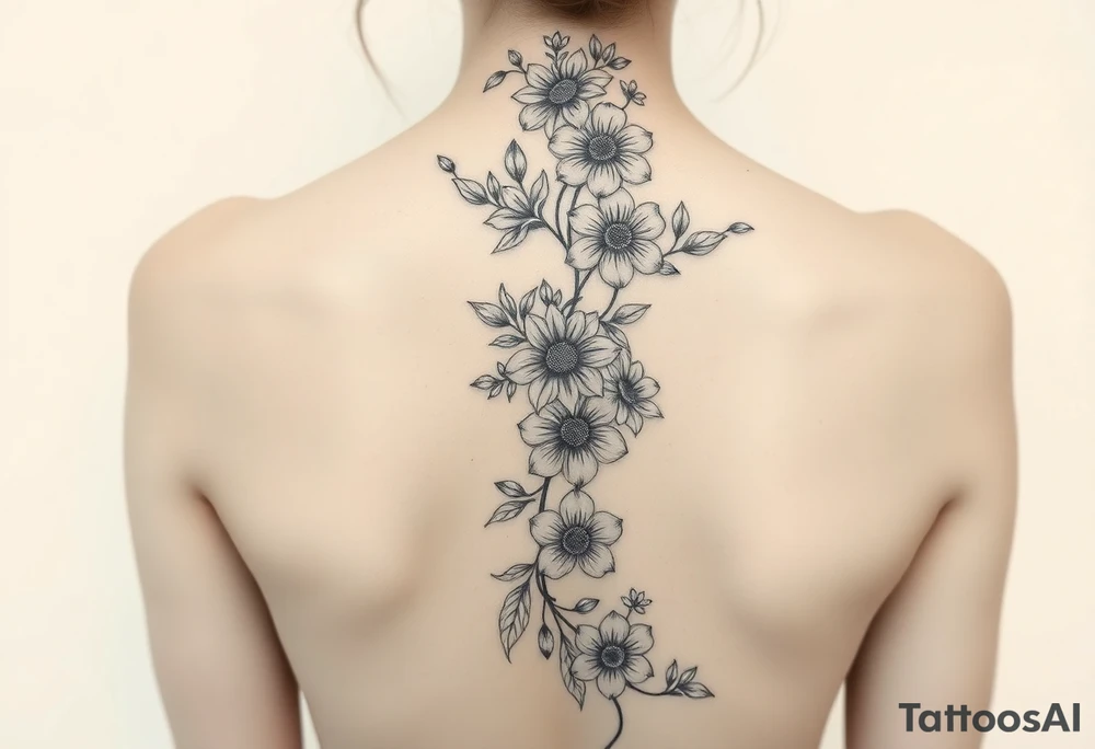 A spine tattoo a flower vine going down the whole back With the flowers Honeysuckle Chrysanthemum  waterlily Gladiolus Daisy sweet pea rose tattoo idea