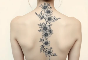 A spine tattoo a flower vine going down the whole back With the flowers Honeysuckle Chrysanthemum  waterlily Gladiolus Daisy sweet pea rose tattoo idea