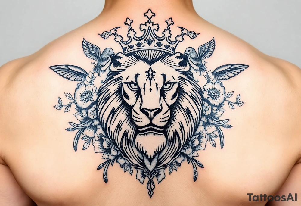 powerful majestic lion with a crown, surrounded by floral ornaments and birds tattoo idea