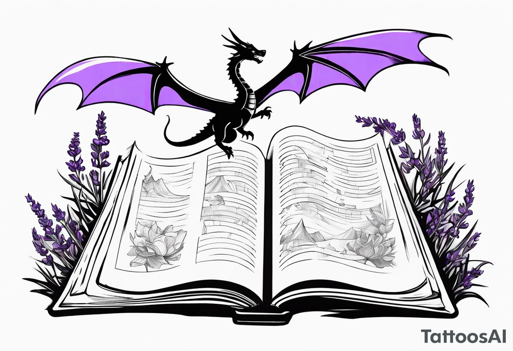 an open book. a flying dragon. One pawn piece. a cluster of lavender under book tattoo idea