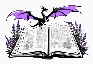 an open book. a flying dragon. One pawn piece. a cluster of lavender under book tattoo idea