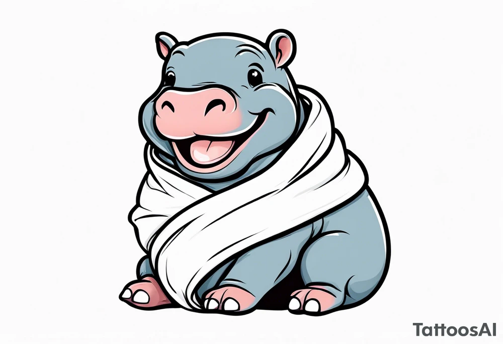 Baby hippopotamus sitting wrapped in a swaddle laughing tattoo idea