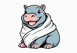 Baby hippopotamus sitting wrapped in a swaddle laughing tattoo idea