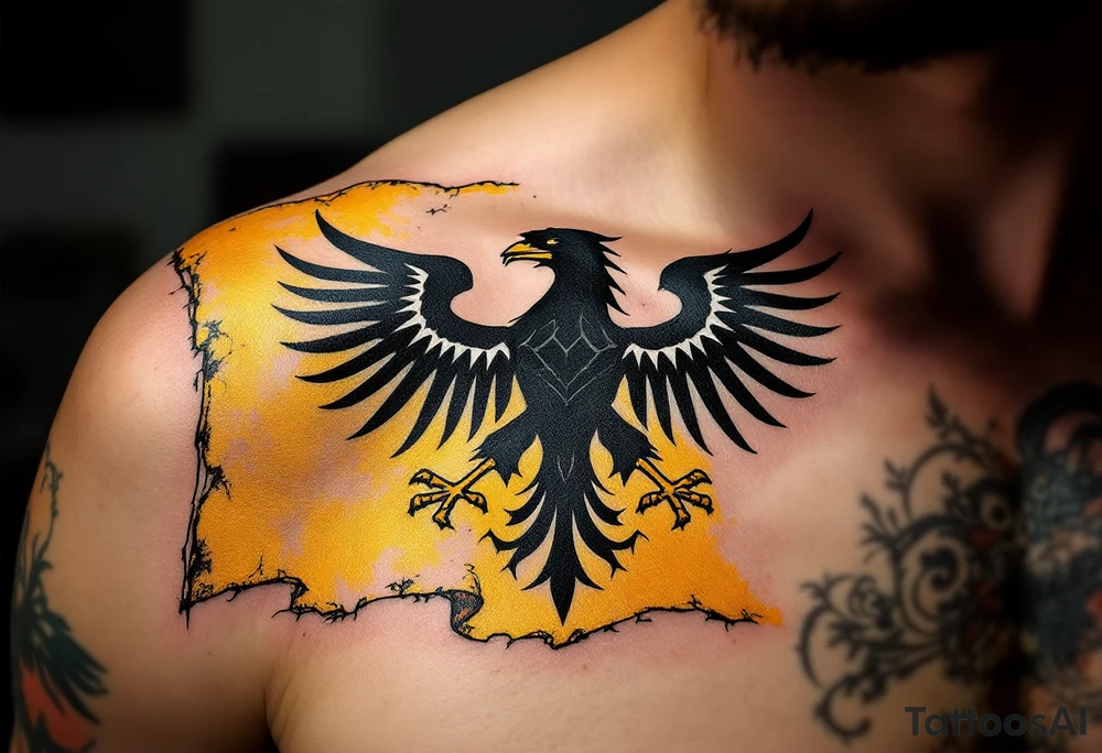 A hand-painted, medieval-style banner with a black Silesian eagle on a golden background, looking like a knight's flag waving in the wind. The edges are torn and aged, giving it a battle-worn effect. tattoo idea