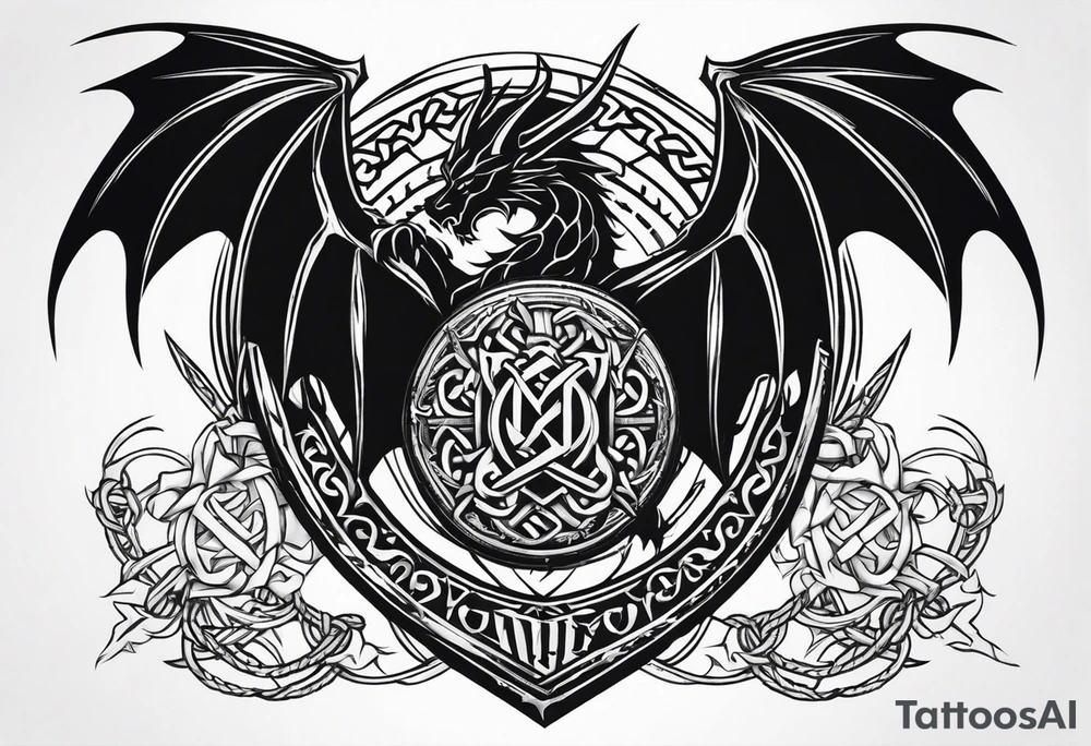 Valhalla sword shield dragon axe Valknut barbed wire chains tribal tattoo idea