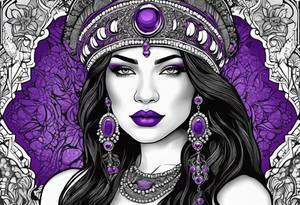 woman wearing bead headband, standing next to magical purple buffalo, the buffalo is magical, he is purple, he is standing up tattoo idea