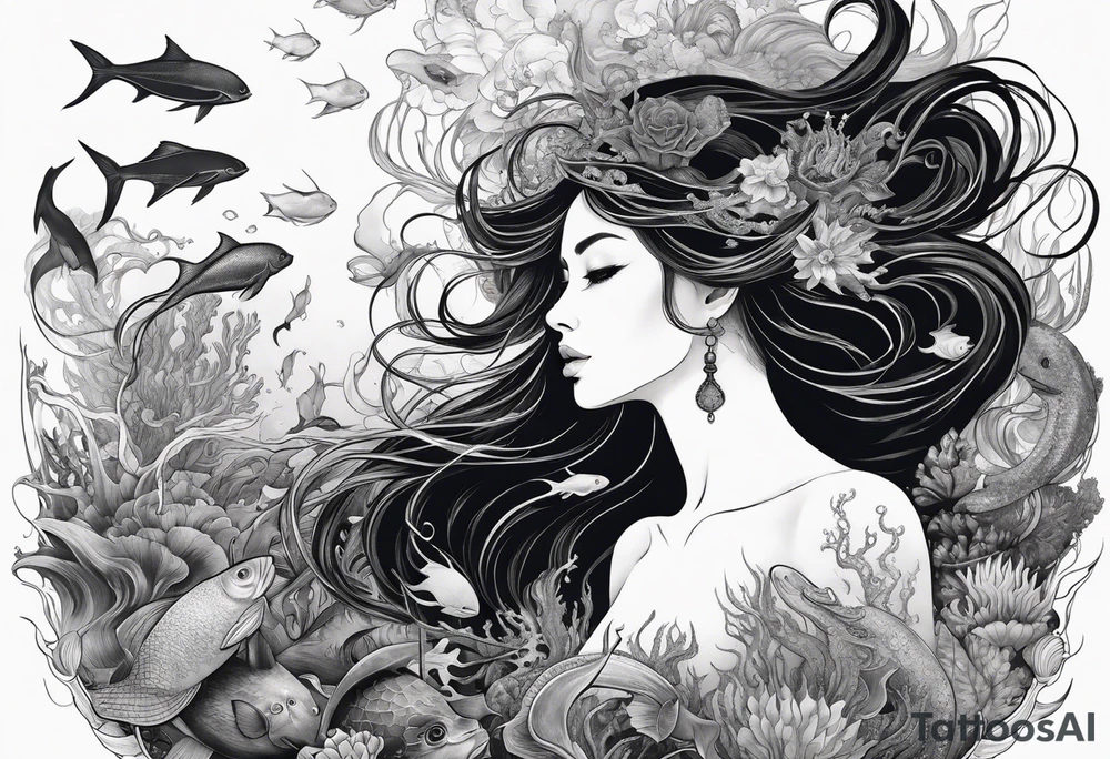 Full-body portrait of an ethereal woman of the sea surrounded by deep sea creatures. tattoo idea