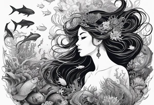 Full-body portrait of an ethereal woman of the sea surrounded by deep sea creatures. tattoo idea