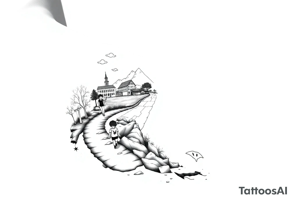 designing a black and white tattoo for a half-sleeve on shoulder: path beginning in the bottom end and winding upwards. The first third starting at the bottom. On the left are a few trees and on the right side a village and a school. A child is walking the path. On the second third, the path changes to a street. On its right side is a city and on its left side a few friends, which are attending a heavy metal concert, which is taking place on a stage. The child has grown into adolescence and is walking the street with a skateboard in one hand. On the third third, there is a man on the still upwards winding street, with drum sticks in one hand. There is a japanese Tori on the street and on the left, the streets changes to a beach. In the sea a manta ray is visible. tattoo idea