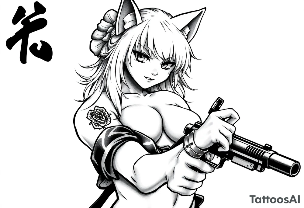naked catgirl, slut, angry, anime, holding gun, black tattoo idea
